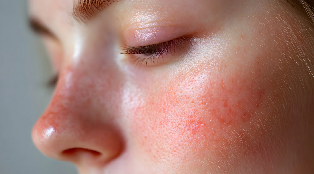 A woman with rosacea skin. Skin redness on her cheek and nose from side angle, sensitive skin