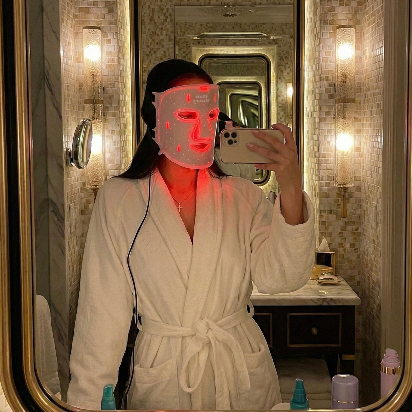 Candid photo of a female wearing LED face mask