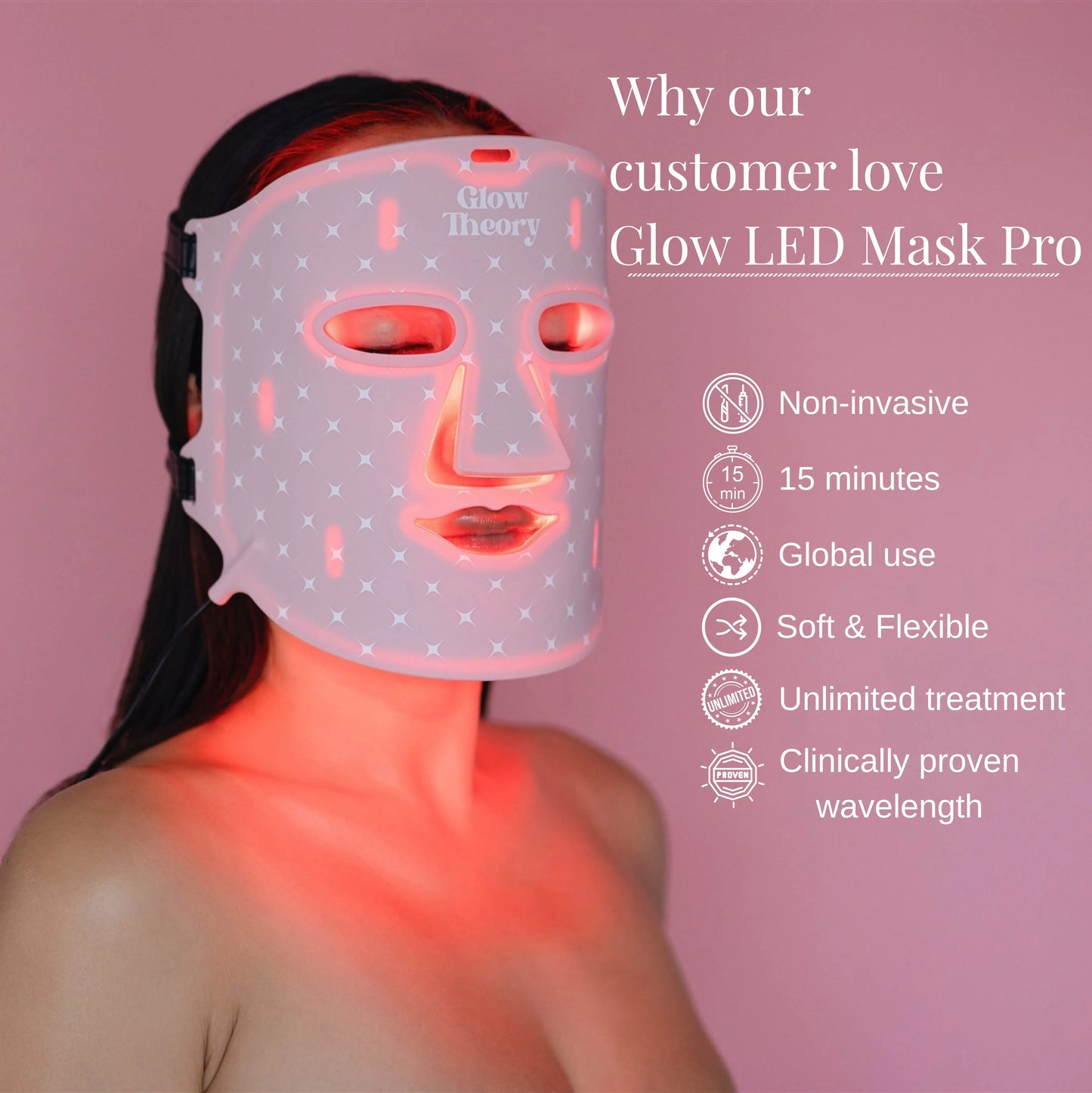 Clinically proven wavelength for ultimate anti-aging. Non-invasive, safe and effective LED skin treatment at home. glow LED Mask Pro with Red light on, 