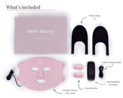 What’s in the box. All essentials for the maximum comfort and safety for at-home LED light session to get the optimal results. LED face mask, head straps, eye protectors, controller, and charging cables