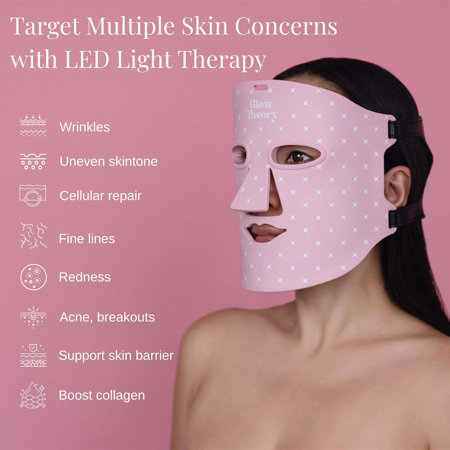 Glow LED Mask Pro. LED Light Face Mask that targets multiple skin concerns like wrinkles, anti-aging, acne and breakouts, rosacea and redness, skin texture and uneven skin tone. 