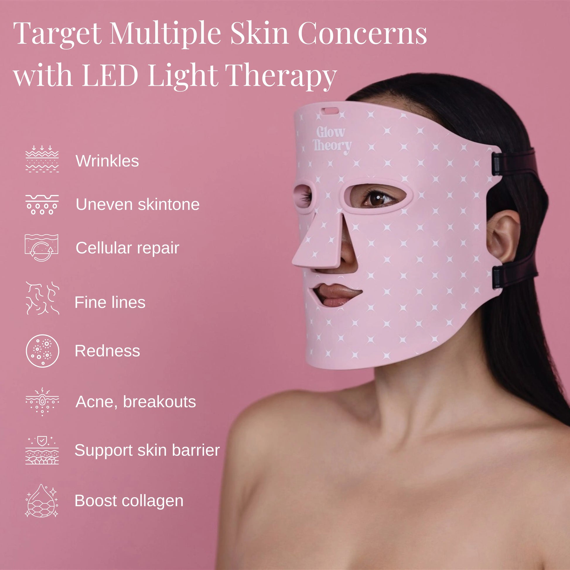 Glow LED Mask Pro. LED Light Face Mask that targets multiple skin concerns like wrinkles, anti-aging, acne and breakouts, rosacea and redness, skin texture and uneven skin tone. 