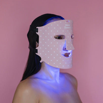 High Intensity LED Light Mask. Blue LED light to reduce acne and heal skin barriers. Glow LED Mask Pro right angle with blue light